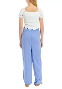 Girls 7-16 Smocked Top and Embroidered Gauze Pants