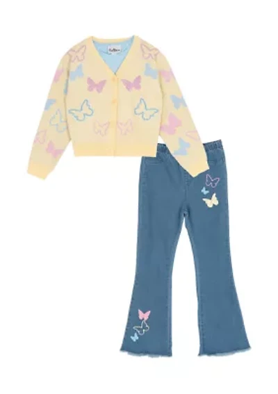 Girls 7-16 Butterfly Sweater and Flare Jeans Set