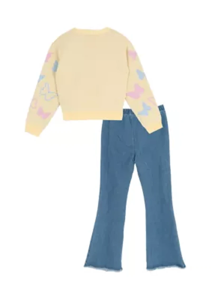Girls 7-16 Butterfly Sweater and Flare Jeans Set