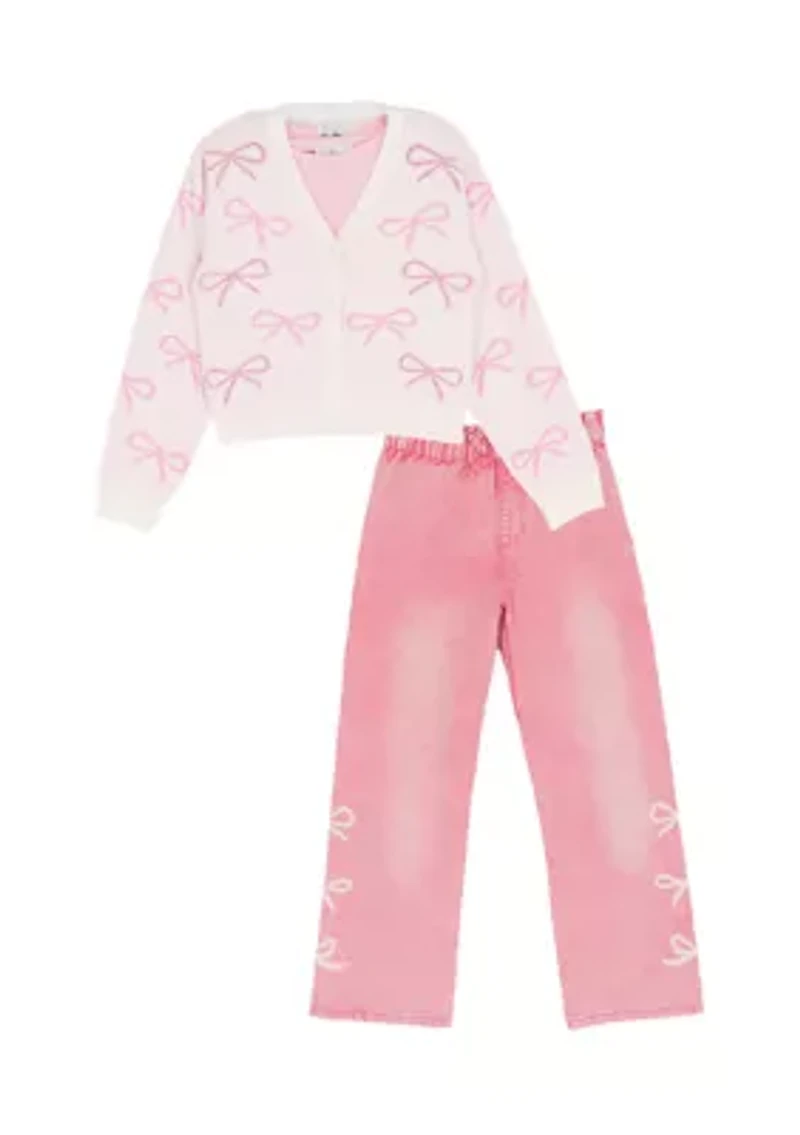 Girls 7-16 Bow Sweater and Pink Jeans Set