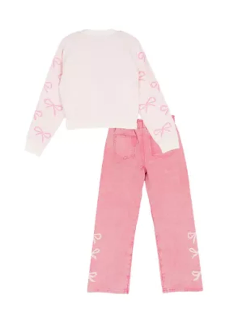 Girls 7-16 Bow Sweater and Pink Jeans Set