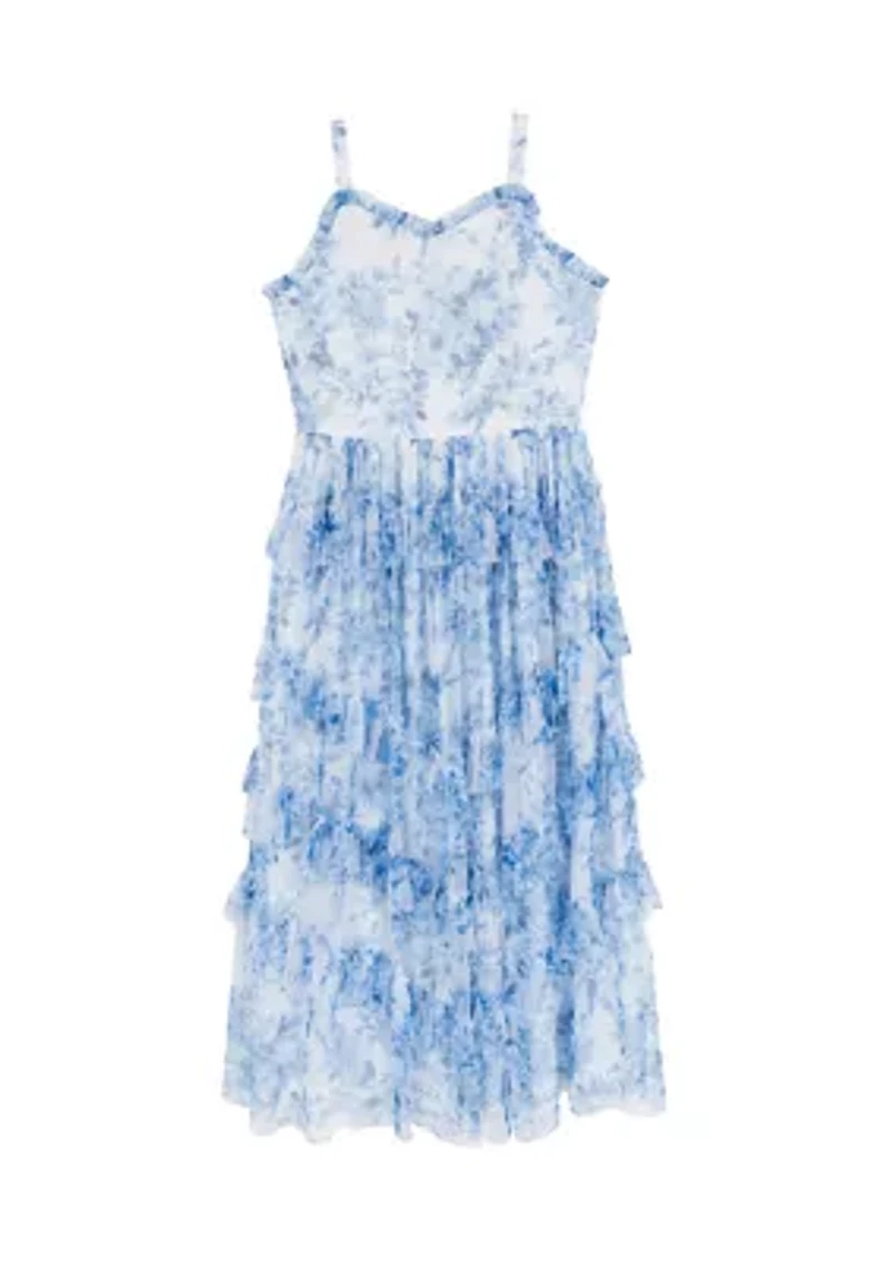 Girls 7-16 Blue Floral Mesh Ruffled Maxi Dress