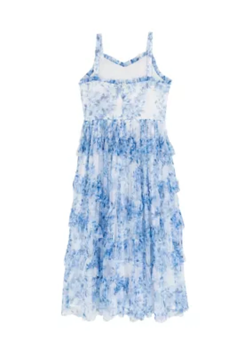 Girls 7-16 Blue Floral Mesh Ruffled Maxi Dress