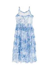 Girls 7-16 Blue Floral Mesh Ruffled Maxi Dress