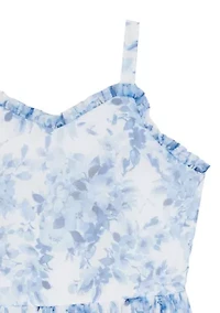 Girls 7-16 Blue Floral Mesh Ruffled Maxi Dress