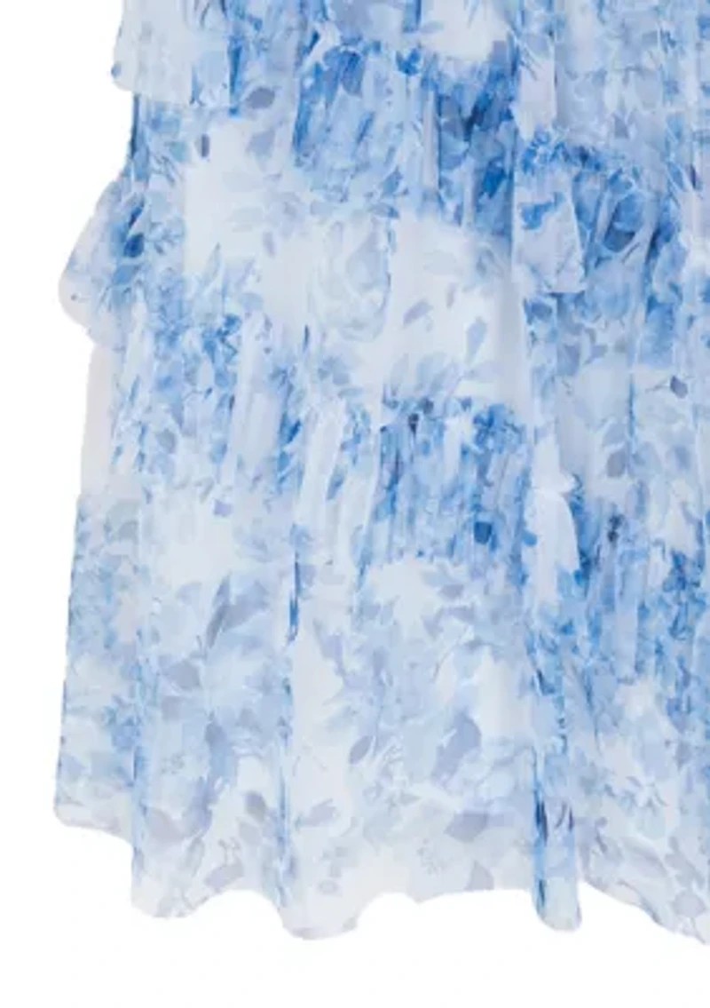 Girls 7-16 Blue Floral Mesh Ruffled Maxi Dress