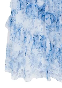 Girls 7-16 Blue Floral Mesh Ruffled Maxi Dress