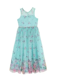 Girls 7-16 Mint Border Print Mesh Maxi Dress