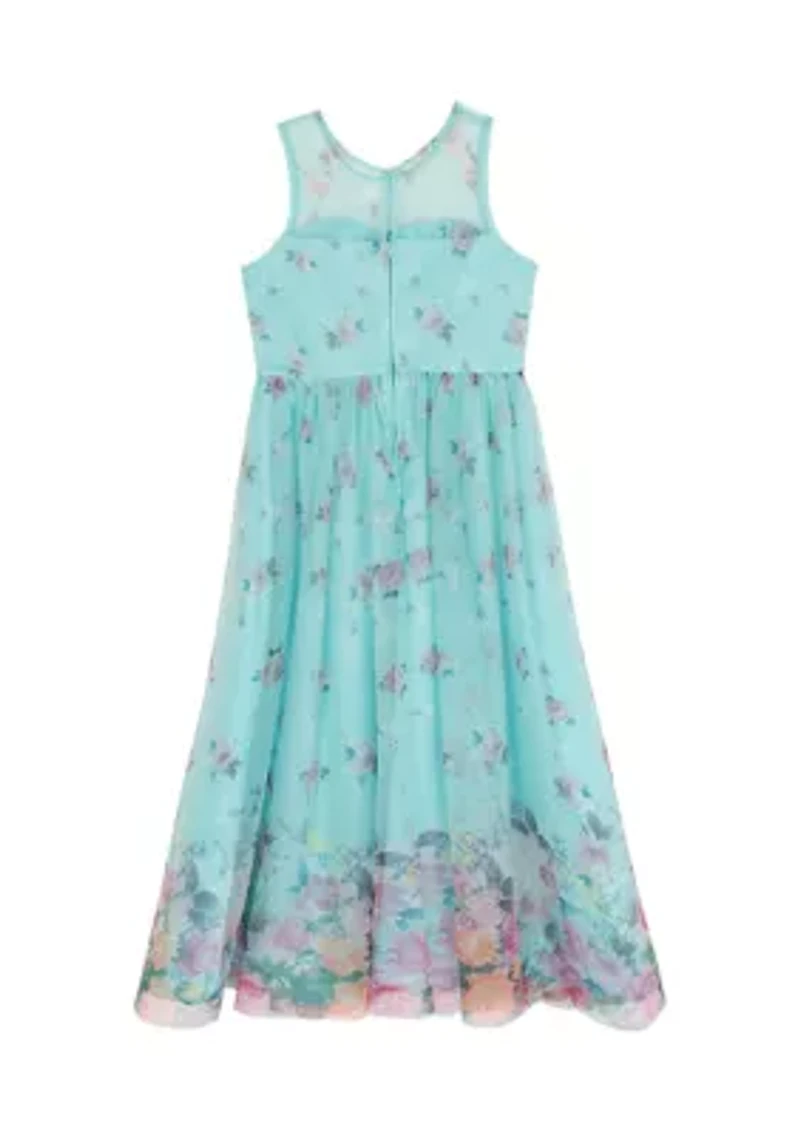 Girls 7-16 Mint Border Print Mesh Maxi Dress
