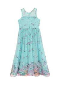 Girls 7-16 Mint Border Print Mesh Maxi Dress