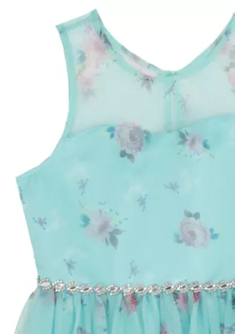 Girls 7-16 Mint Border Print Mesh Maxi Dress