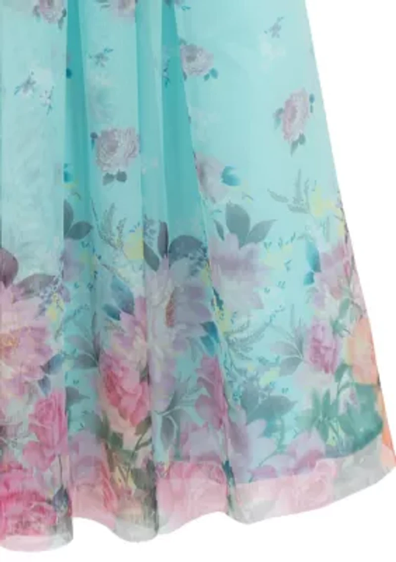 Girls 7-16 Mint Border Print Mesh Maxi Dress