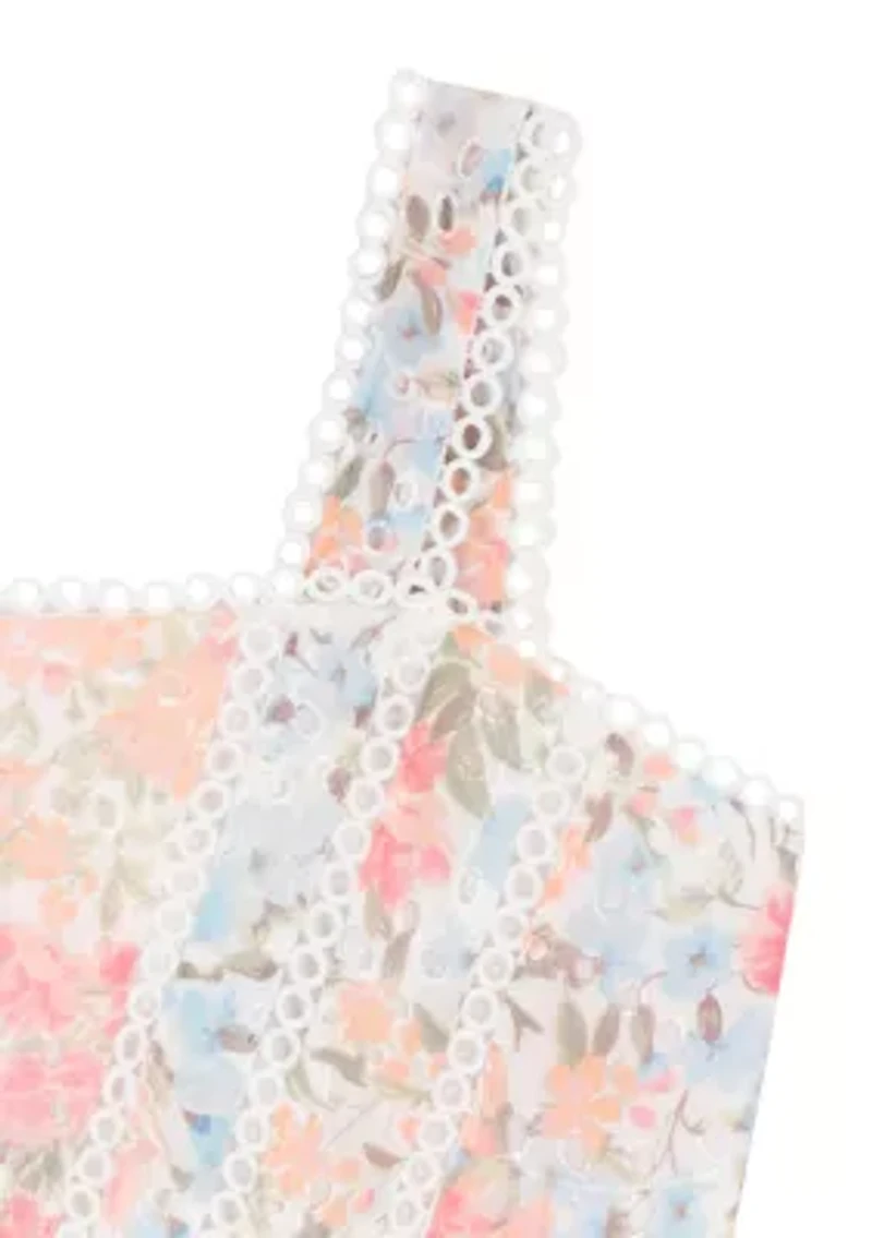 Girls 7-16 Floral Printed Eyelet Dress