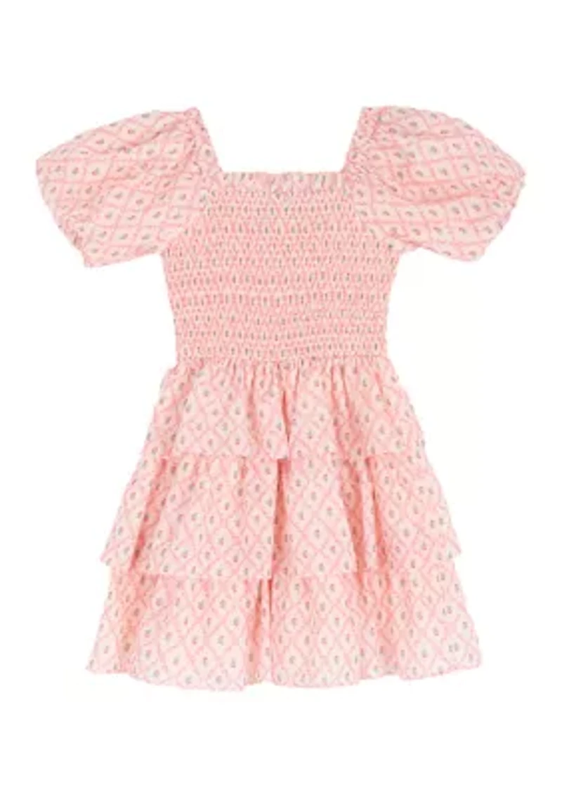 Girls 7-16 Smocked Trellis Printed Tier Dress