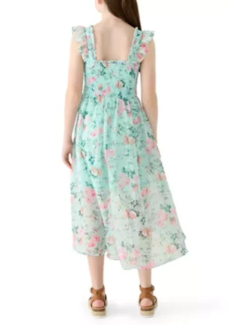 Girls 7-16 Floral Lurex Chiffon Smocked Dress