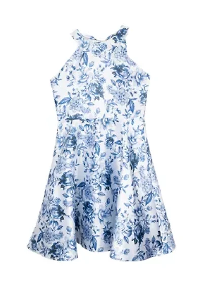 Girls 7-16 Blue Floral Mikado Dress