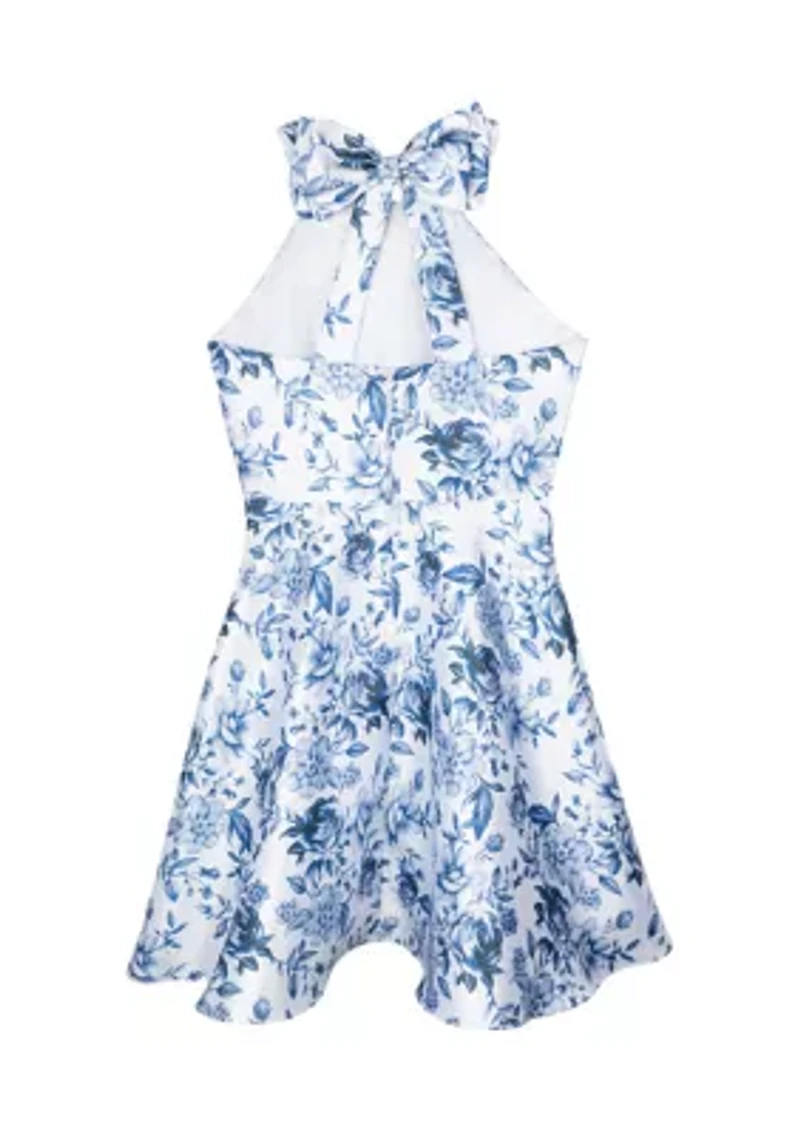 Girls 7-16 Blue Floral Mikado Dress