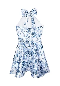 Girls 7-16 Blue Floral Mikado Dress