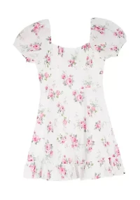 Girls 7-16 Floral Clip Dot Ruffle Dress