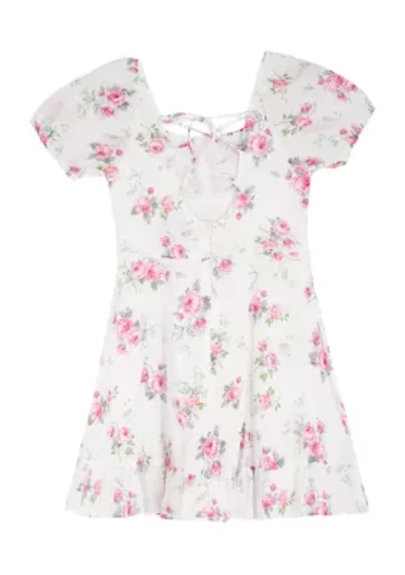 Girls 7-16 Floral Clip Dot Ruffle Dress