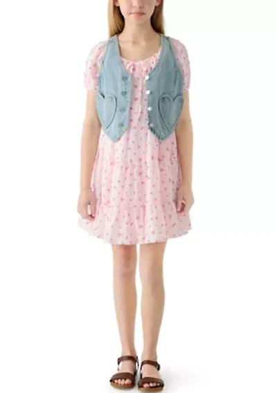 Girls 7-16 Denim Vest Pink Floral Dress