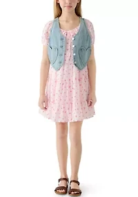 Girls 7-16 Denim Vest Pink Floral Dress