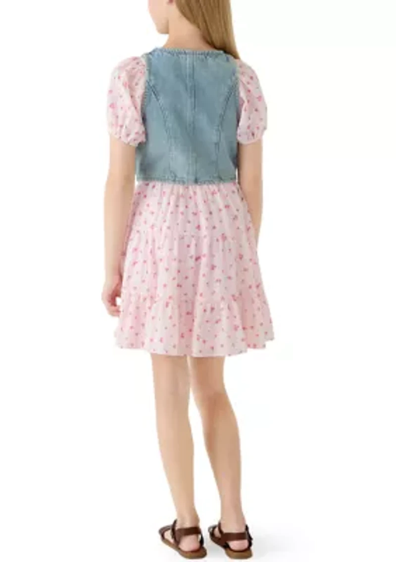 Girls 7-16 Denim Vest Pink Floral Dress