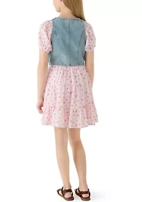 Girls 7-16 Denim Vest Pink Floral Dress