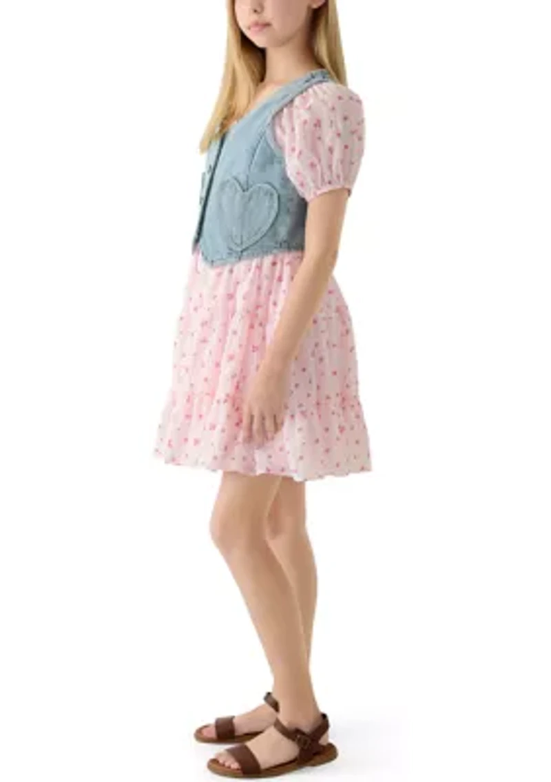 Girls 7-16 Denim Vest Pink Floral Dress
