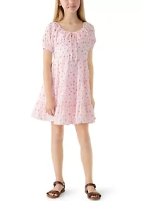 Girls 7-16 Denim Vest Pink Floral Dress