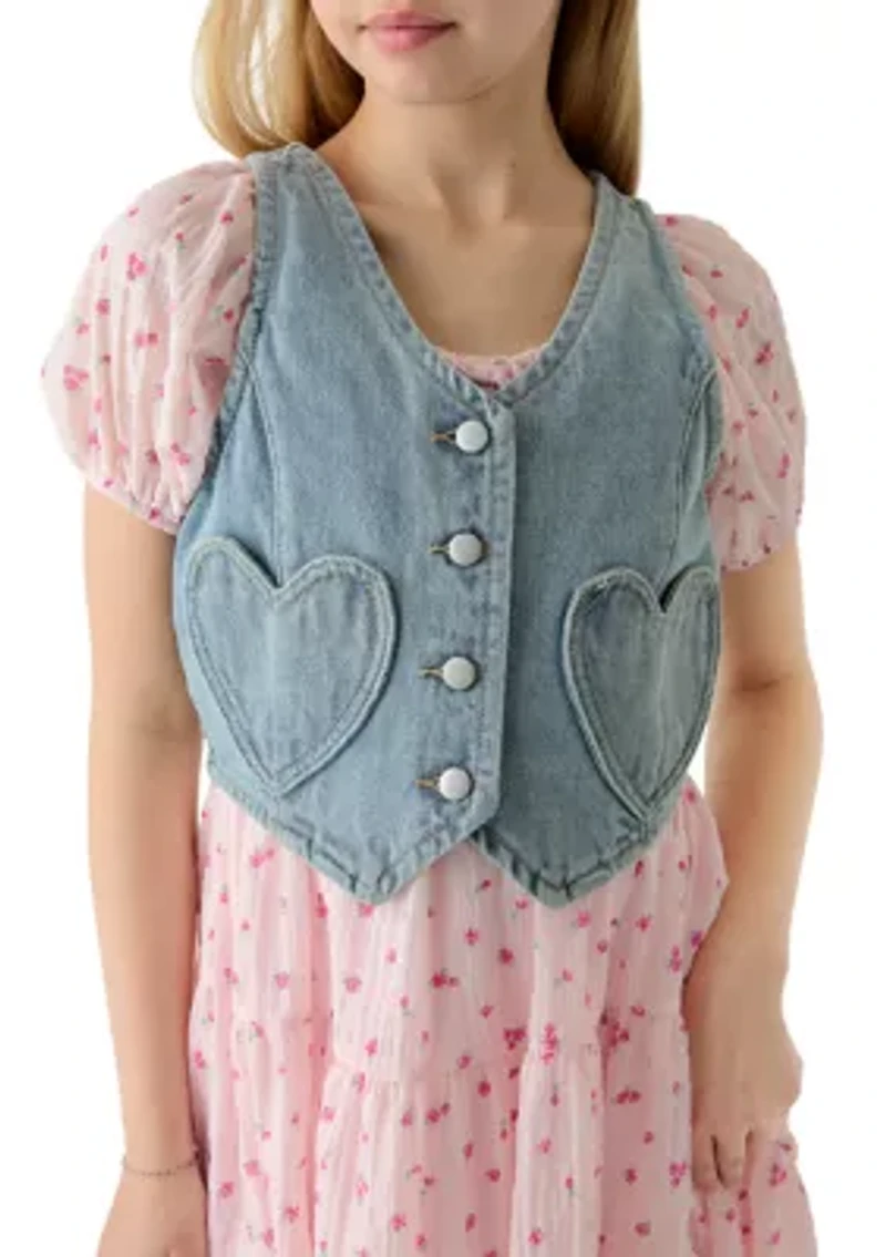 Girls 7-16 Denim Vest Pink Floral Dress