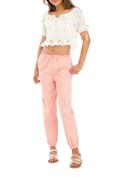 Girls 7-16 Embroidered Floral Top and Twill Cargo Pants Set