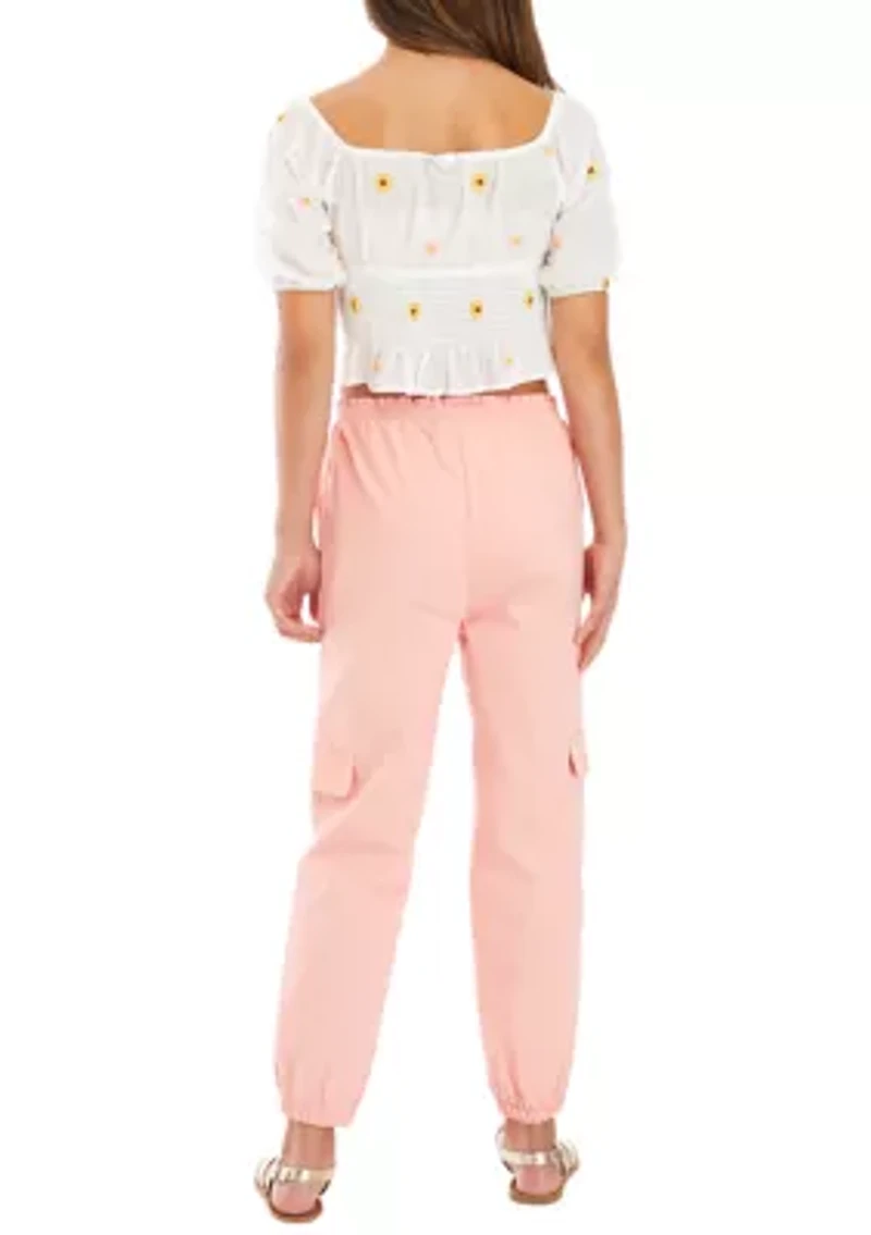Girls 7-16 Embroidered Floral Top and Twill Cargo Pants Set