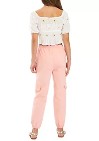 Girls 7-16 Embroidered Floral Top and Twill Cargo Pants Set
