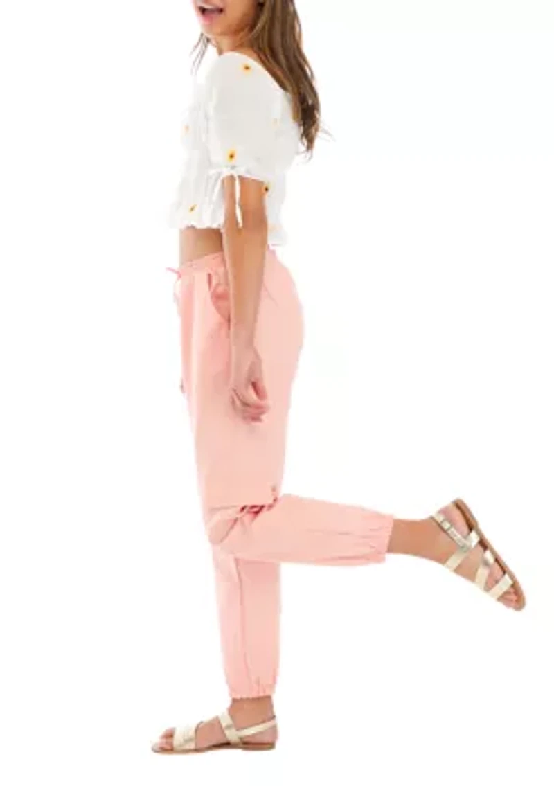 Girls 7-16 Embroidered Floral Top and Twill Cargo Pants Set