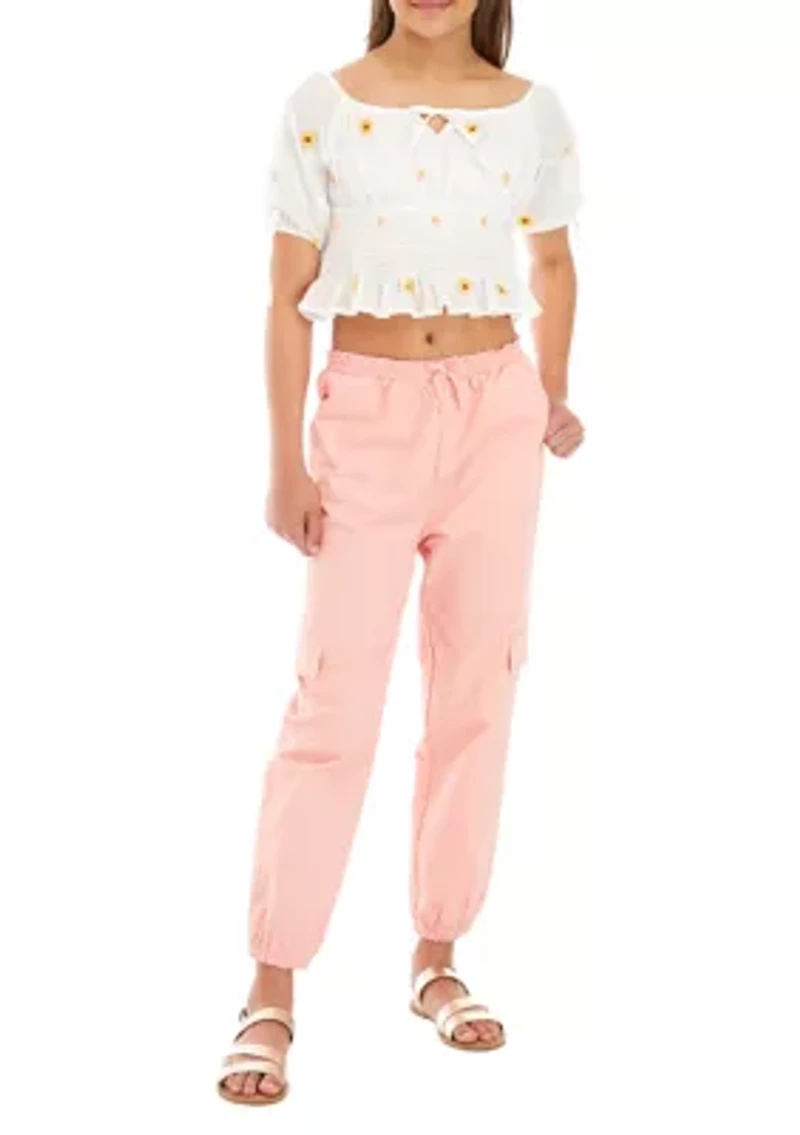 Girls 7-16 Embroidered Floral Top and Twill Cargo Pants Set