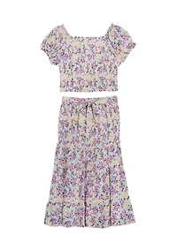 Girls 7-16 Floral Printed Challis Smocked Top and Maxi Skirt Set