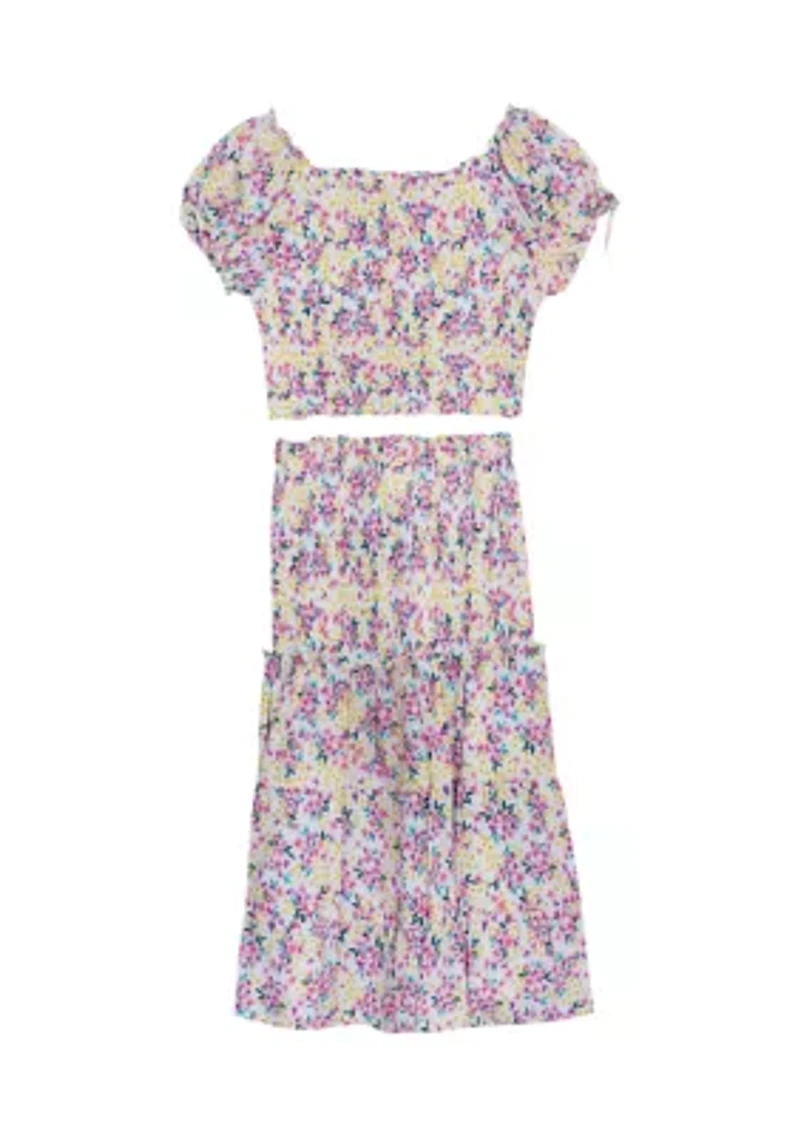 Girls 7-16 Floral Printed Challis Smocked Top and Maxi Skirt Set