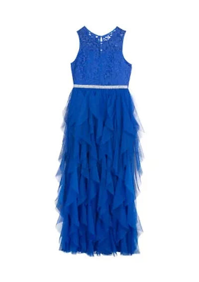 Girls 7-16 Glitter Lace Illusion Bodice to Cascade Chiffon Slit Maxi Skirt