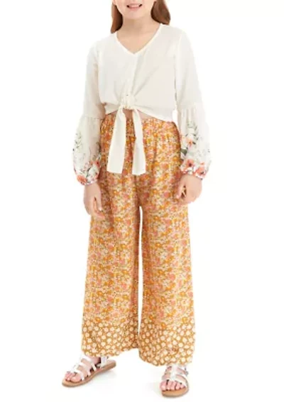 Girls 7-16 Printed Woven Tie Front Top and Floral Pants Set