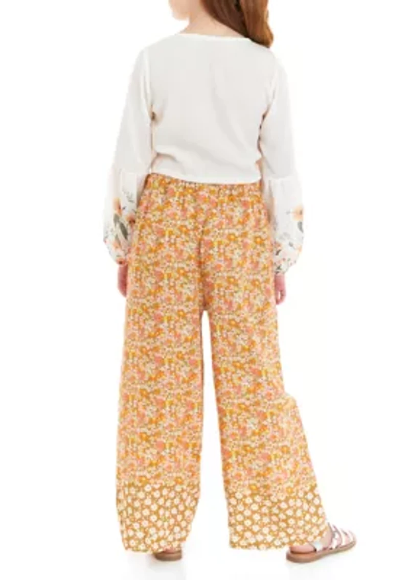 Girls 7-16 Printed Woven Tie Front Top and Floral Pants Set