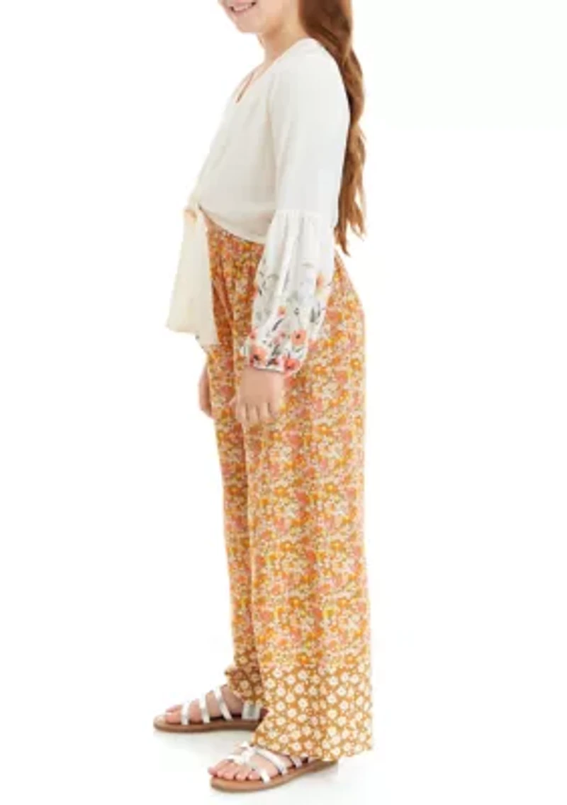 Girls 7-16 Printed Woven Tie Front Top and Floral Pants Set