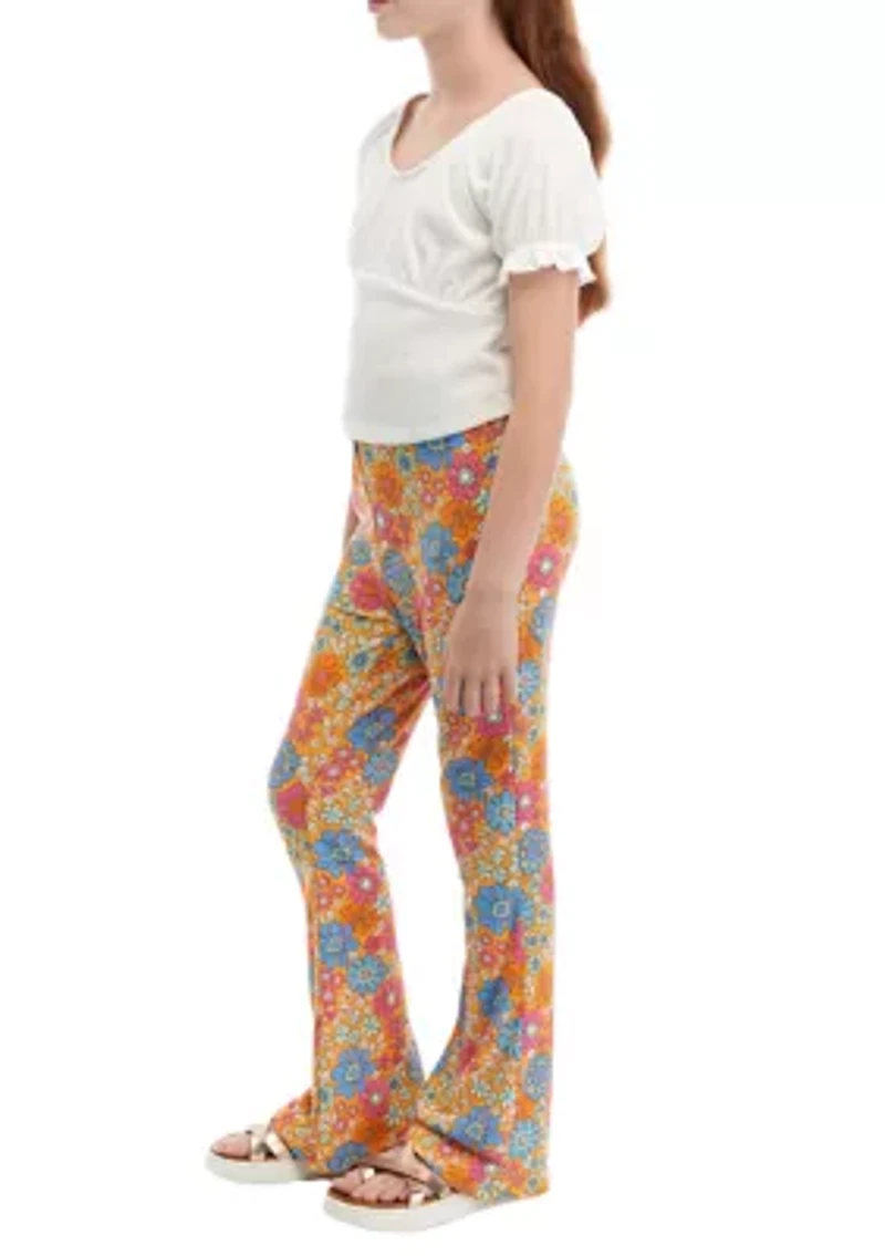 Girls 7-16 Rib Knit Top with Floral Flared Pants
