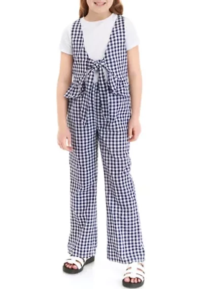 Girls 7-16 Gingham Smocked Top and Printed Pants Set