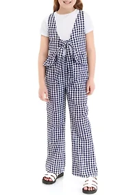 Girls 7-16 Gingham Smocked Top and Printed Pants Set
