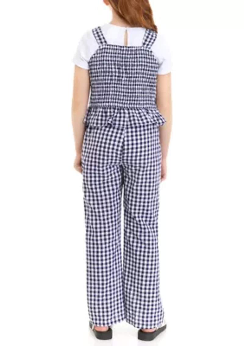 Girls 7-16 Gingham Smocked Top and Printed Pants Set
