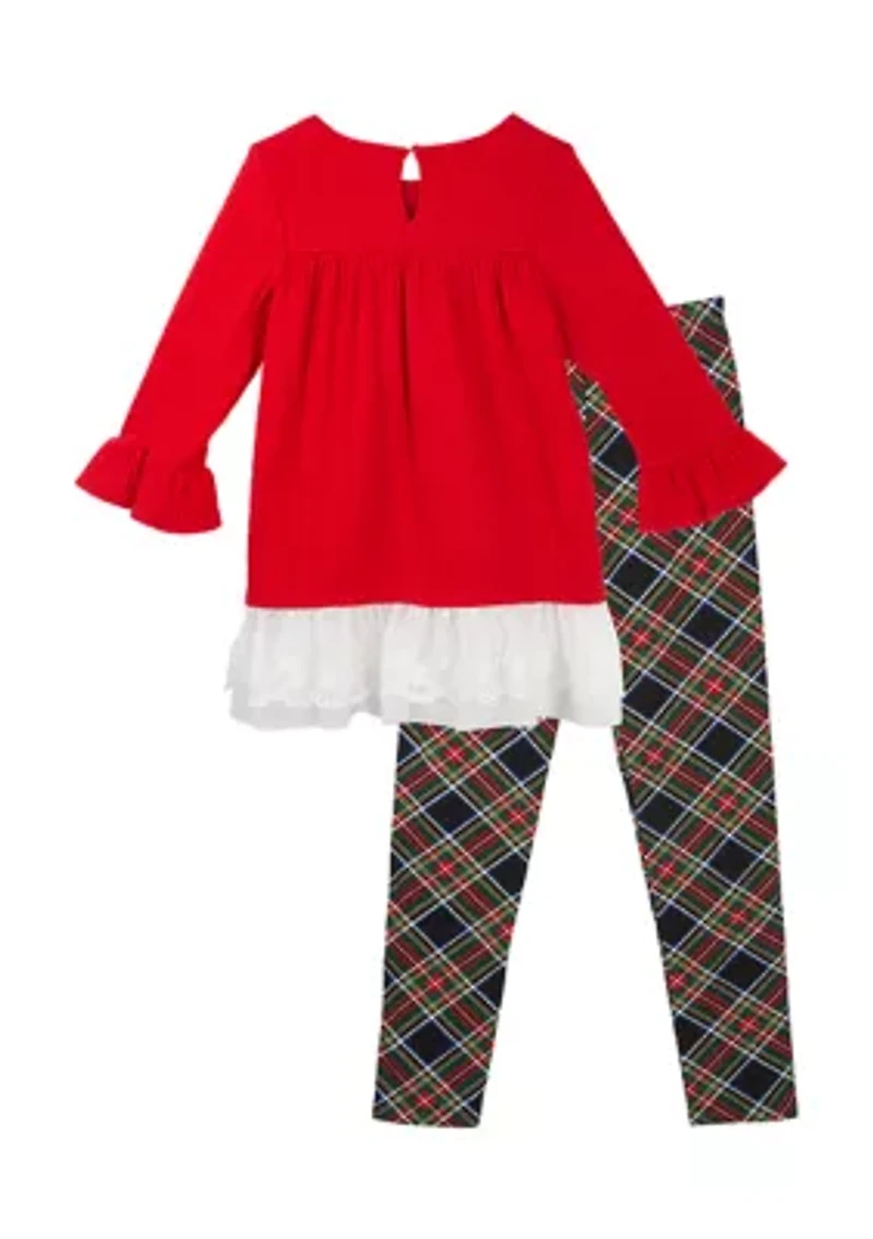 Girls 4-6x Ruffle Crochet Knit Top and Plaid Leggings Set