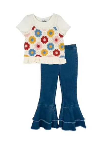 Girls 4-6x  Crochet Knit Top and Denim Pants Set