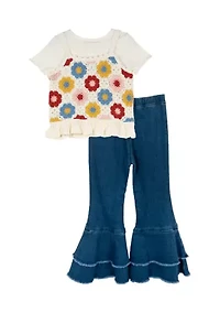 Girls 4-6x  Crochet Knit Top and Denim Pants Set