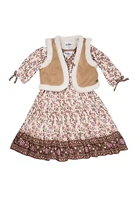 Girls 4-6x Sherpa Vest and Printed Dress Set